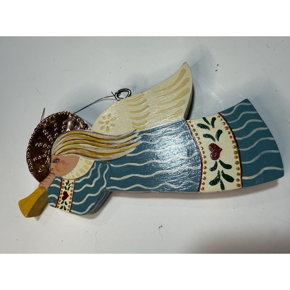 VTG Painted‎ Wooden Flying Angel With Copper Accents